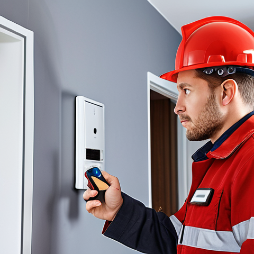 **A Fire Protection Engineer inspecting a modern smart home installation.** Focus on the integration of smoke detectors, automatic extinguishing systems, and emergency call centers. Emphasize technology and digital integration. German setting.