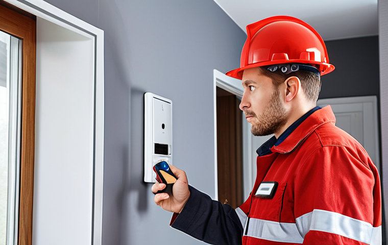 **A Fire Protection Engineer inspecting a modern smart home installation.** Focus on the integration of smoke detectors, automatic extinguishing systems, and emergency call centers. Emphasize technology and digital integration. German setting.