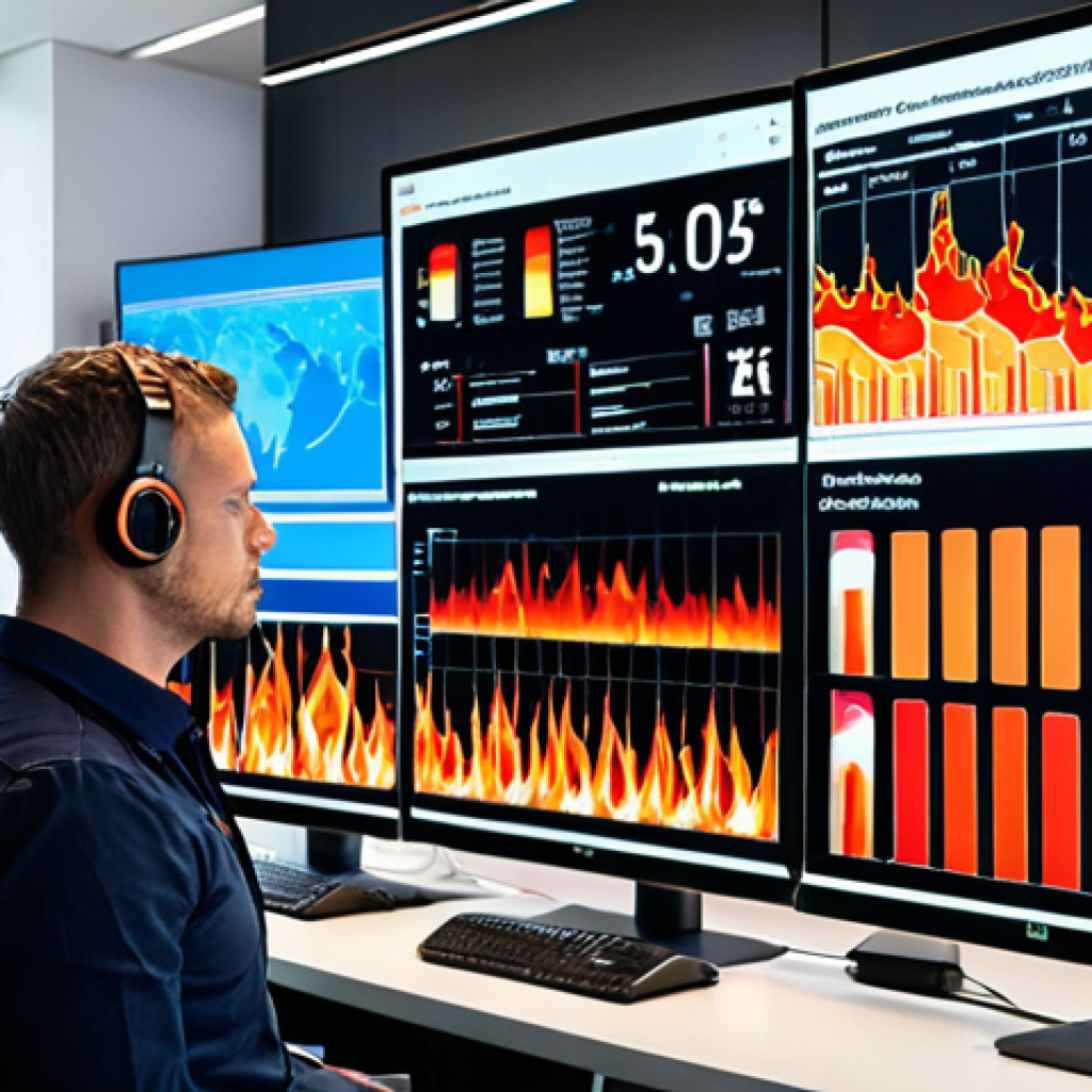 AI-Powered Fire Risk Analysis in a Modern Building**

Prompt: A high-tech control room in a Berlin office building. Multiple screens display real-time data from sensors and cameras, showing temperature variations and potential fire hazards highlighted by AI. An engineer analyzes the data, ensuring building safety. Focus on data visualization and the integration of AI in fire safety.

**