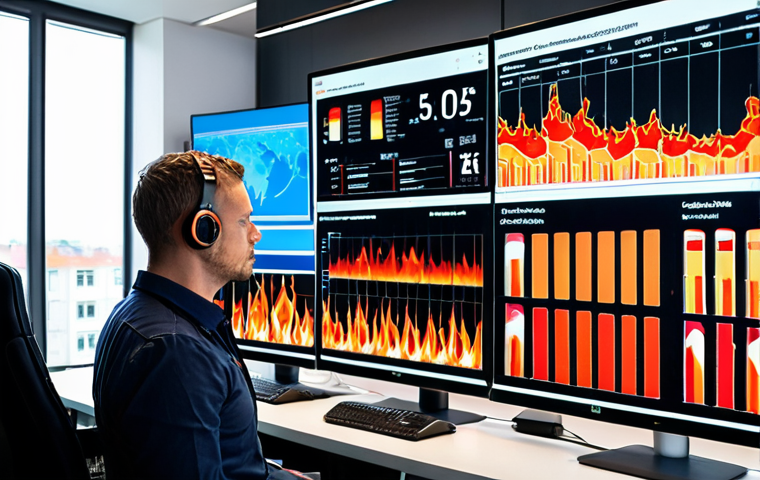 AI-Powered Fire Risk Analysis in a Modern Building**
Prompt: A high-tech control room in a Berlin office building. Multiple screens display real-time data from sensors and cameras, showing temperature variations and potential fire hazards highlighted by AI. An engineer analyzes the data, ensuring building safety. Focus on data visualization and the integration of AI in fire safety.
**