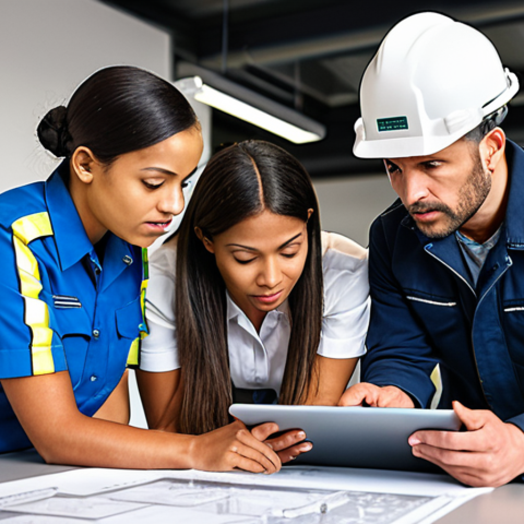 ** A diverse group of safety engineers (male and female) from various ethnic backgrounds collaborating on a fire risk assessment in a modern German office building. Depict them reviewing blueprints and using digital tablets, with fire safety equipment (sprinklers, detectors) visible in the background. Focus on teamwork, professionalism, and the integration of international expertise.

**