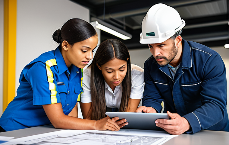 ** A diverse group of safety engineers (male and female) from various ethnic backgrounds collaborating on a fire risk assessment in a modern German office building. Depict them reviewing blueprints and using digital tablets, with fire safety equipment (sprinklers, detectors) visible in the background. Focus on teamwork, professionalism, and the integration of international expertise.
**