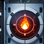 **Prompt:** A sleek, high-tech building interior where digital data streams and network connections are visibly integrated with fire safety infrastructure. Illustrate interconnected IoT sensors, cloud platforms, and building management systems. Include subtle, abstract visual elements representing cybersecurity challenges, such as glowing data packets being secured by a digital shield, emphasizing the complex interplay of modern technology and fire protection. The scene should convey advanced digitalization and potential vulnerabilities in a professional, slightly futuristic style.