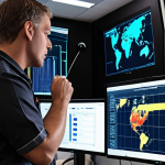 **Prompt:** "A cutting-edge control room for modern fire and safety management. Holographic displays show complex data streams from IoT sensors within a smart building: real-time temperature anomalies, airflow patterns, and predictive analytics models highlighting potential fire risks before ignition. A focused fire and safety management technician is calmly observing the data, embodying the shift towards proactive, data-driven prevention. The scene should convey advanced technology, precision, and intelligent foresight."