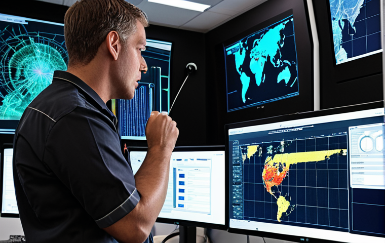 **Prompt:** "A cutting-edge control room for modern fire and safety management. Holographic displays show complex data streams from IoT sensors within a smart building: real-time temperature anomalies, airflow patterns, and predictive analytics models highlighting potential fire risks before ignition. A focused fire and safety management technician is calmly observing the data, embodying the shift towards proactive, data-driven prevention. The scene should convey advanced technology, precision, and intelligent foresight."