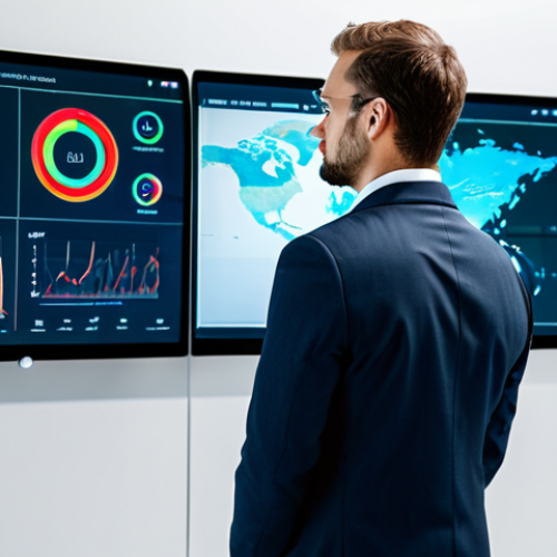 A professional fire safety expert, focused intently on a transparent holographic display showcasing real-time smart building data and AI-driven fire risk analytics. The expert is wearing a professional business suit, fully clothed, modest clothing, appropriate attire. The background is a sleek, modern smart building control center, with integrated IoT sensors subtly visible as elements, and glowing data visualizations on surrounding screens. safe for work, appropriate content, perfect anatomy, correct proportions, natural pose, well-formed hands, proper finger count, natural body proportions, professional photography, high quality.