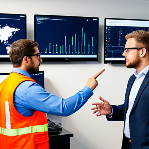 A group of professional fire safety engineers in modest business casual attire and safety vests, standing in a state-of-the-art control room. Large digital screens display real-time data visualizations of building schematics, IoT sensor readings, and predictive analytics related to fire risks. One engineer points to a screen, discussing data with colleagues. The atmosphere is focused and innovative. Fully clothed, appropriate attire, safe for work, professional, perfect anatomy, correct proportions, natural pose, well-formed hands, proper finger count, natural body proportions, high-quality professional photography.