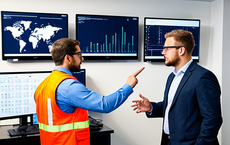 A group of professional fire safety engineers in modest business casual attire and safety vests, standing in a state-of-the-art control room. Large digital screens display real-time data visualizations of building schematics, IoT sensor readings, and predictive analytics related to fire risks. One engineer points to a screen, discussing data with colleagues. The atmosphere is focused and innovative. Fully clothed, appropriate attire, safe for work, professional, perfect anatomy, correct proportions, natural pose, well-formed hands, proper finger count, natural body proportions, high-quality professional photography.