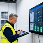 A highly skilled fire safety technician, fully clothed in a modest professional uniform with a safety vest, stands focused in a modern industrial control room. They are expertly examining a complex fire alarm control panel, reviewing diagnostic data on a screen, with tools neatly arranged nearby. The environment is clean, well-lit, and showcases advanced fire safety technology. The image depicts perfect anatomy, correct proportions, natural pose, well-formed hands, proper finger count, natural body proportions, professional photography, high quality, safe for work, appropriate content, fully clothed, professional.