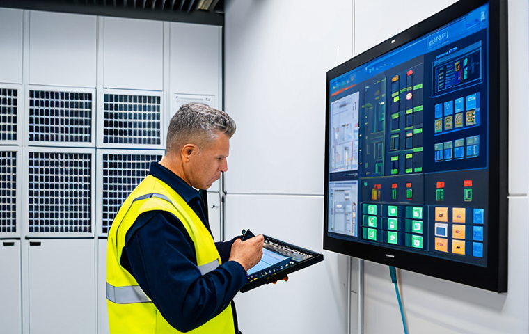A highly skilled fire safety technician, fully clothed in a modest professional uniform with a safety vest, stands focused in a modern industrial control room. They are expertly examining a complex fire alarm control panel, reviewing diagnostic data on a screen, with tools neatly arranged nearby. The environment is clean, well-lit, and showcases advanced fire safety technology. The image depicts perfect anatomy, correct proportions, natural pose, well-formed hands, proper finger count, natural body proportions, professional photography, high quality, safe for work, appropriate content, fully clothed, professional.