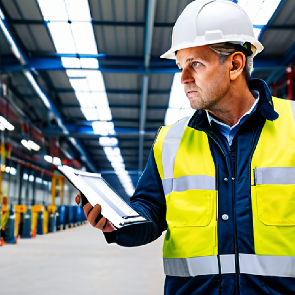 Fire Safety Inspection in a Factory**

"A professional fire safety inspector in a high-visibility vest and hard hat, examining electrical wiring in a brightly lit factory environment, fully clothed, appropriate attire, safe for work, perfect anatomy, correct proportions, natural pose, professional photography, detailed equipment, modern industrial setting, family-friendly, high quality."

**