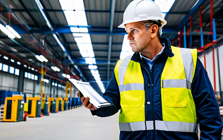 Fire Safety Inspection in a Factory**

"A professional fire safety inspector in a high-visibility vest and hard hat, examining electrical wiring in a brightly lit factory environment, fully clothed, appropriate attire, safe for work, perfect anatomy, correct proportions, natural pose, professional photography, detailed equipment, modern industrial setting, family-friendly, high quality."

**