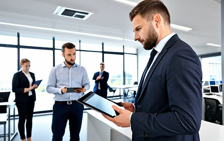 Modern Office Fire Safety**
"A professional male Brandschutzbeauftragte (fire safety officer) in appropriate business attire, inspecting a smart smoke detector in a modern German office building. He is holding a digital tablet. Background shows a clean, organized workspace with employees working at desks. Perfect anatomy, correct proportions, well-formed hands, proper finger count. Safe for work, appropriate content, fully clothed, professional, modern, family-friendly. High quality, professional photography."
**