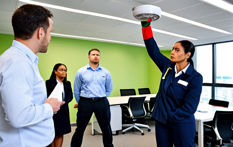 Fire Safety Training**
"A group of diverse professionals attentively participating in a fire safety training session in a modern office building, focusing on a smoke detector demonstration, fully clothed, appropriate attire, safe for work, perfect anatomy, natural proportions, well-lit, professional learning environment, family-friendly, high quality."
**