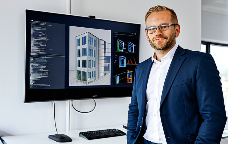 Brandschutzexperte im Büro**
"A professional male Brandschutzexperte (fire protection expert) in his late 30s, fully clothed in a modern business suit, standing in a bright, modern office in Germany. Behind him is a large screen displaying BIM (Building Information Modeling) software with a building plan. The office has a clean, minimalist design. Safe for work, appropriate content, perfect anatomy, natural proportions, professional, modest, high quality."
**