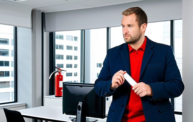 Brandschutzbeauftragter (Fire Safety Officer)**
"A professional male Brandschutzbeauftragter in a fully clothed, appropriate business casual attire, inspecting a fire extinguisher in a modern office building. Well-lit environment, visible smoke detectors. Safe for work, appropriate content, professional, perfect anatomy, correct proportions, natural pose, well-formed hands, proper finger count, natural body proportions."
**
