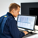 Digital Document Management**

"A professional Brandschutzbeauftragter (fire safety officer) at a clean desk in a modern German office, working on a computer with a Document Management System (DMS) interface displaying blueprints and safety regulations, fully clothed, appropriate attire, safe for work, perfect anatomy, natural proportions, professional photography, high quality, modern German office environment, family-friendly."

**
