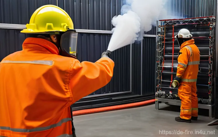 화재안전관리 실기 시험 합격 노하우 - **Prompt:** A focused male fire protection trainee, dressed in a full protective training suit and r...