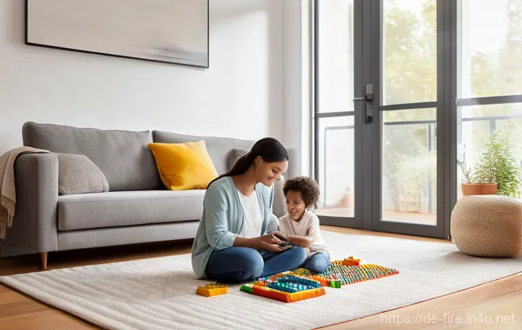 화재안전관리 업무 수행 시 유의사항 - **Prompt:** A clean, modern living room interior with soft, natural lighting. A young, diverse famil...