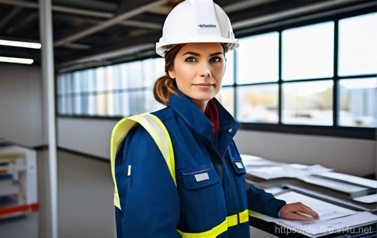 화재안전관리 기술자의 직무에서의 도전과 기회 - **Prompt:** A focused male or female fire protection engineer, in their late 30s, stands in a bright...