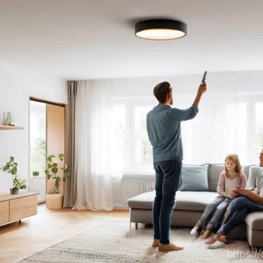 화재안전관리 실무에서의 사고 방지 사례 - **Prompt:** A cozy, modern German living room with warm ambient lighting. A young family, including ...