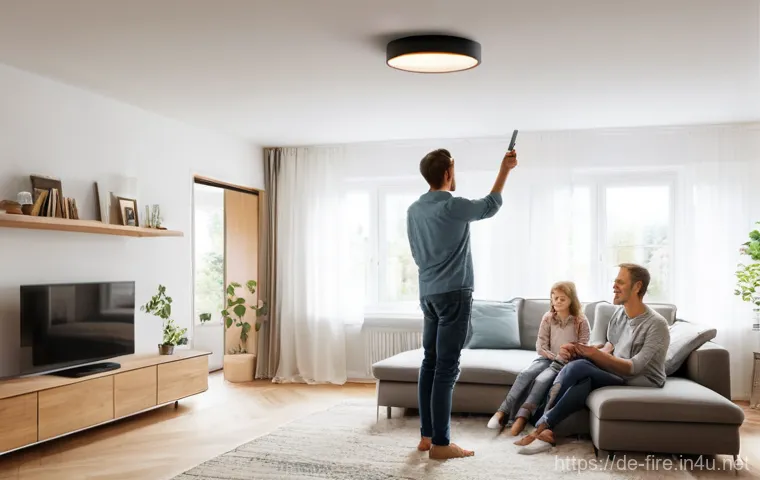 화재안전관리 실무에서의 사고 방지 사례 - **Prompt:** A cozy, modern German living room with warm ambient lighting. A young family, including ...