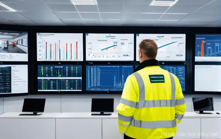 화재안전관리 직무에서의 성과 평가 전략 - **Image Prompt 1: Proactive Fire Safety Management with Data Visualization**

    A wide shot of a m...
