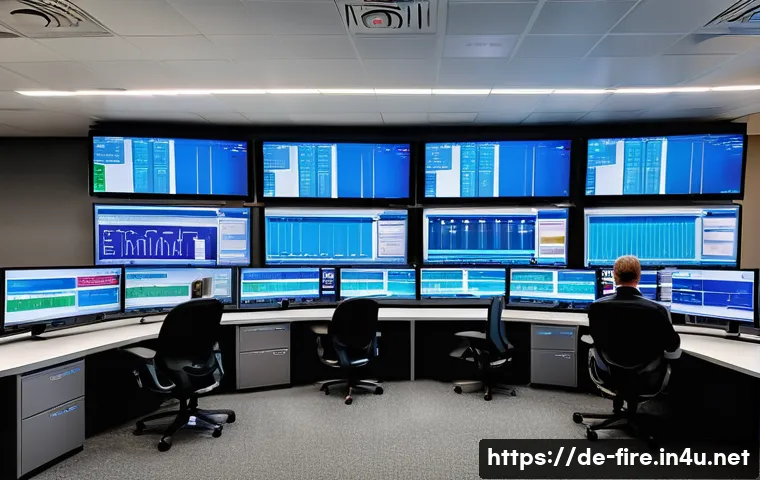화재안전관리 기술자의 직무에서의 성과 분석 - A modern industrial facility control room featuring a large digital fire monitoring dashboard displa...