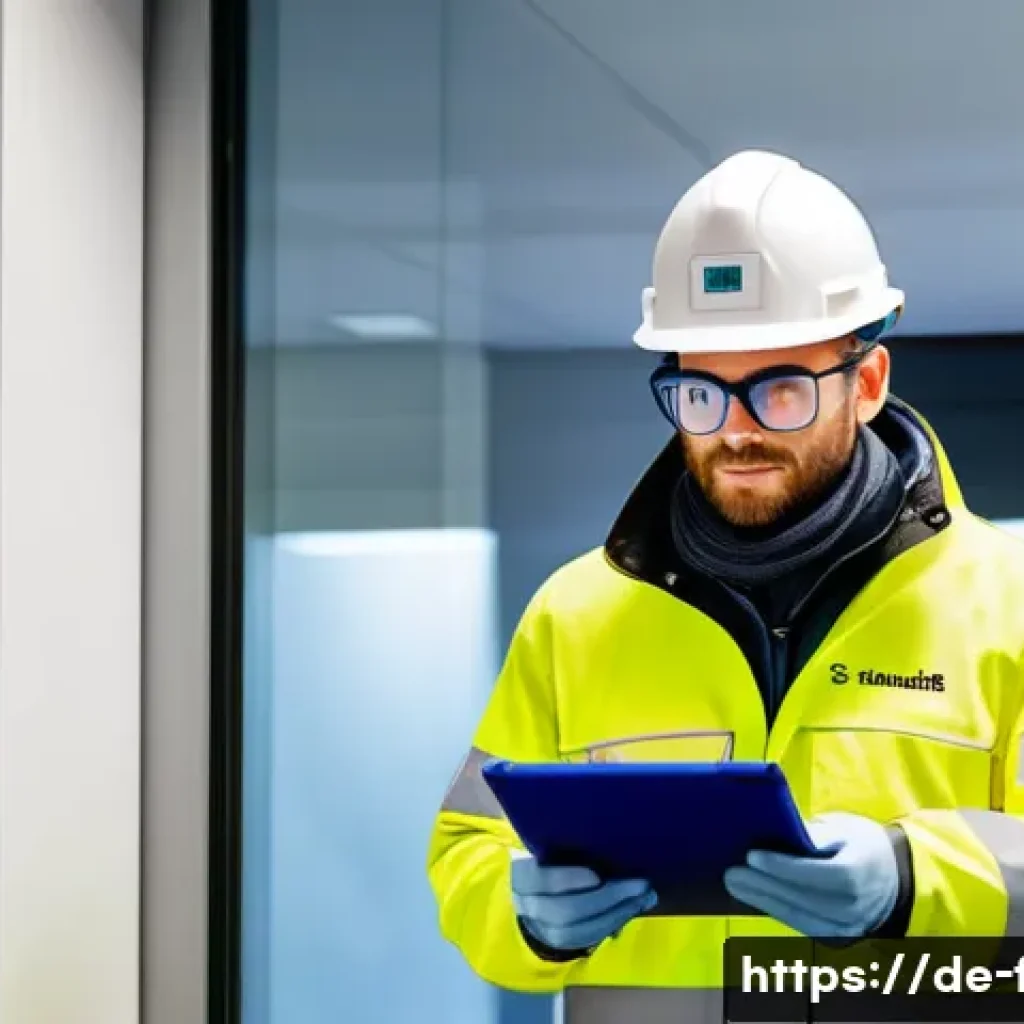 화재안전관리기술자의 주요 직무와 책임 - A professional fire safety technician conducting a detailed inspection inside a modern German office...