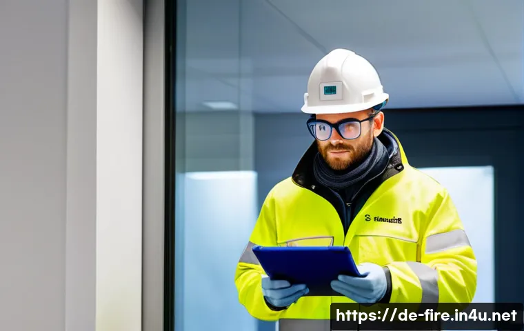 화재안전관리기술자의 주요 직무와 책임 - A professional fire safety technician conducting a detailed inspection inside a modern German office...