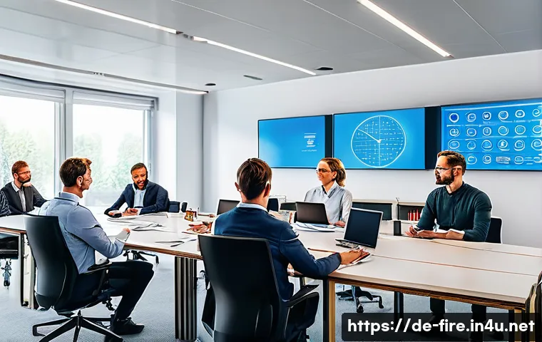 화재안전관리 직무에서의 윤리적 문제 사례 - A modern office environment in Germany showing a diverse team of professionals engaged in a detailed...