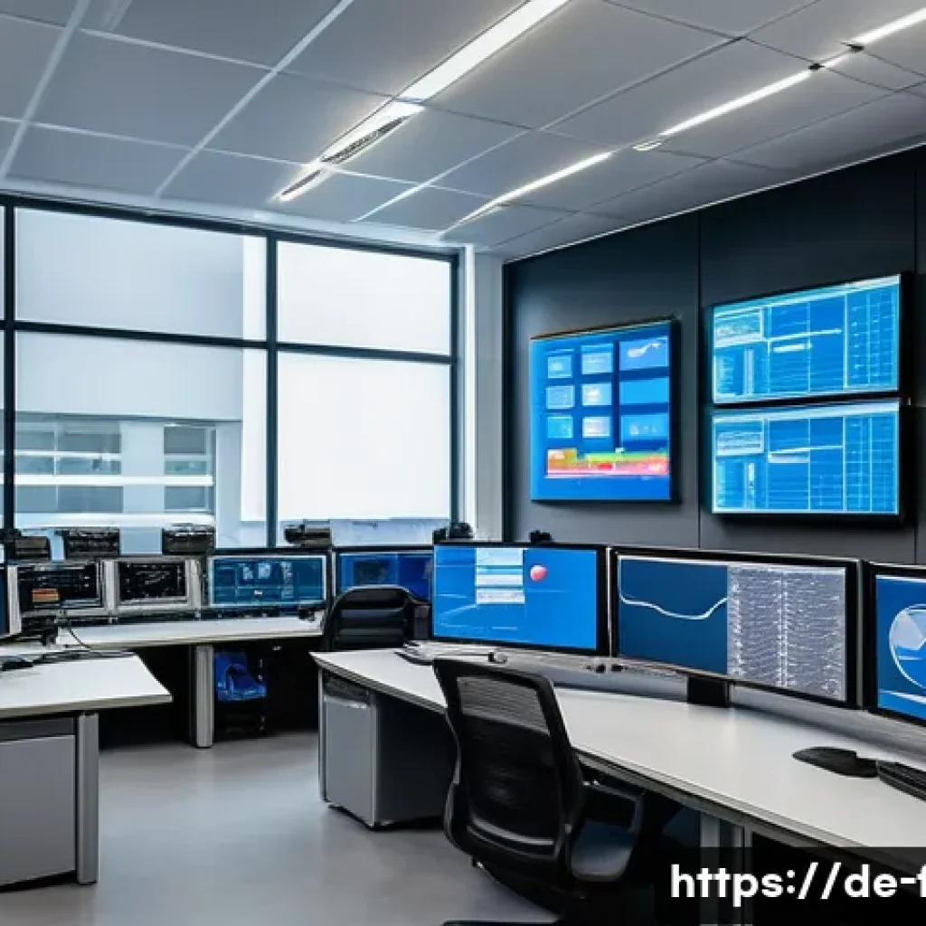 화재안전관리기술자의 직무에서의 위험 관리 - A modern industrial facility fire safety control room with multiple large screens displaying real-ti...