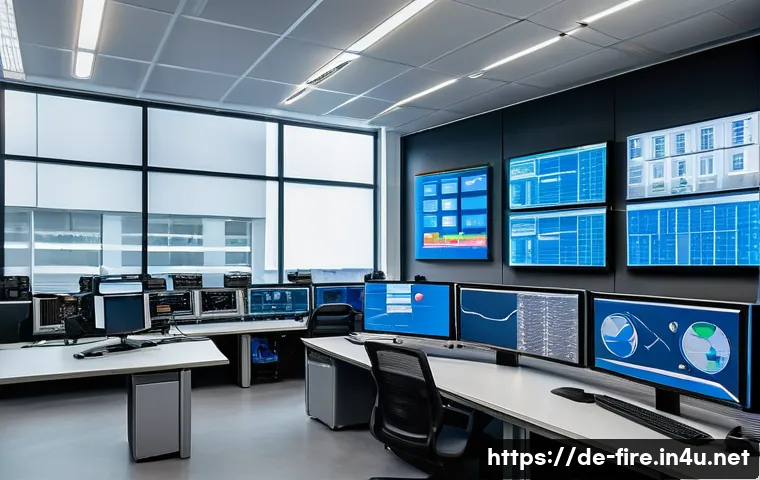 화재안전관리기술자의 직무에서의 위험 관리 - A modern industrial facility fire safety control room with multiple large screens displaying real-ti...