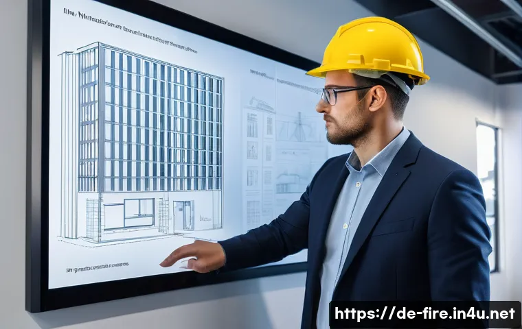 화재안전관리 연봉 협상 전략 - A professional German fire protection engineer in a modern office setting, reviewing detailed buildi...
