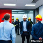 Home 22 화재안전관리 실무와 관련된 최신 법령 요약 - A modern corporate office interior during a fire safety training session: diverse employees of vario...
