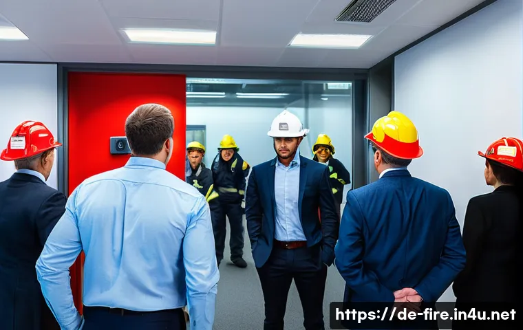 화재안전관리 실무와 관련된 최신 법령 요약 - A modern corporate office interior during a fire safety training session: diverse employees of vario...