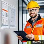 Home 20 화재안전관리기술자의 자격 갱신 방법 - A professional fire safety technician in a modern German office environment, wearing safety glasses,...
