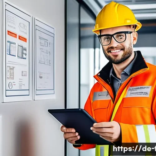 Home 32 화재안전관리기술자의 자격 갱신 방법 - A professional fire safety technician in a modern German office environment, wearing safety glasses,...