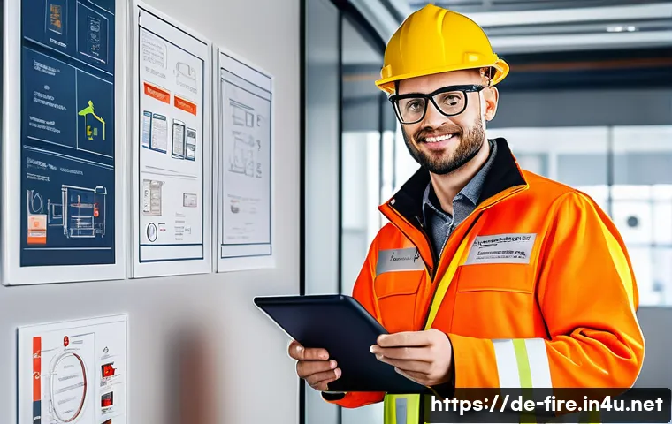 화재안전관리기술자의 자격 갱신 방법 - A professional fire safety technician in a modern German office environment, wearing safety glasses,...