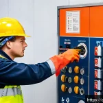 Home 18 화재안전관리기술자 직무 면접 질문 모음 - A professional German fire protection technician in a modern industrial facility, wearing standard f...