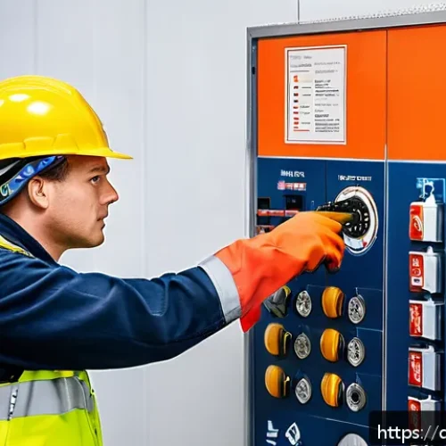 Home 30 화재안전관리기술자 직무 면접 질문 모음 - A professional German fire protection technician in a modern industrial facility, wearing standard f...