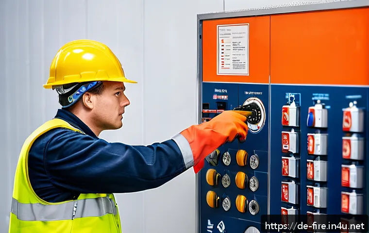 화재안전관리기술자 직무 면접 질문 모음 - A professional German fire protection technician in a modern industrial facility, wearing standard f...