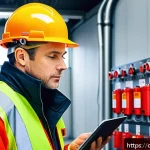 Home 23 화재안전관리 기술자의 연봉 및 커리어 분석 - A professional fire safety technician in a modern industrial setting, wearing a high-visibility safe...