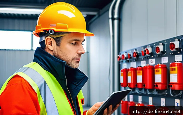 화재안전관리 기술자의 연봉 및 커리어 분석 - A professional fire safety technician in a modern industrial setting, wearing a high-visibility safe...