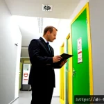 화재안전관리 실무에서의 법적 요구사항 - Photorealistic fire safety compliance inspection inside a modern German office building, a professio...