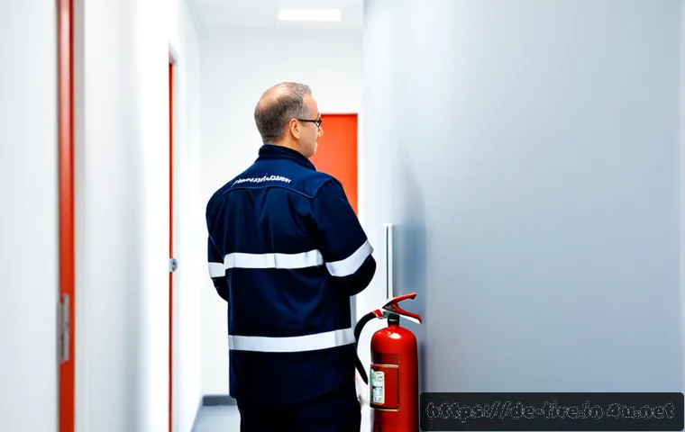 화재안전관리 실무에서의 화재 예방 기술 - Photorealistic German office fire safety inspection, a middle-aged facility manager in clean workwea...