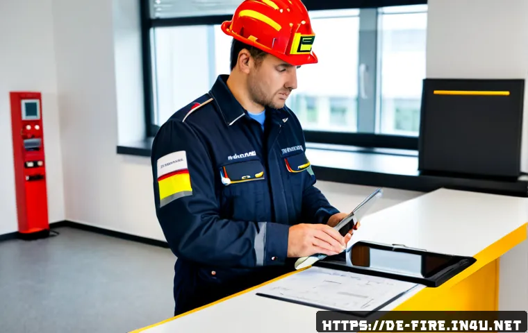 화재안전관리 직무에서의 문제 해결 프로세스 - Photorealistic fire safety manager in a modern German office building control room, calmly reviewing...