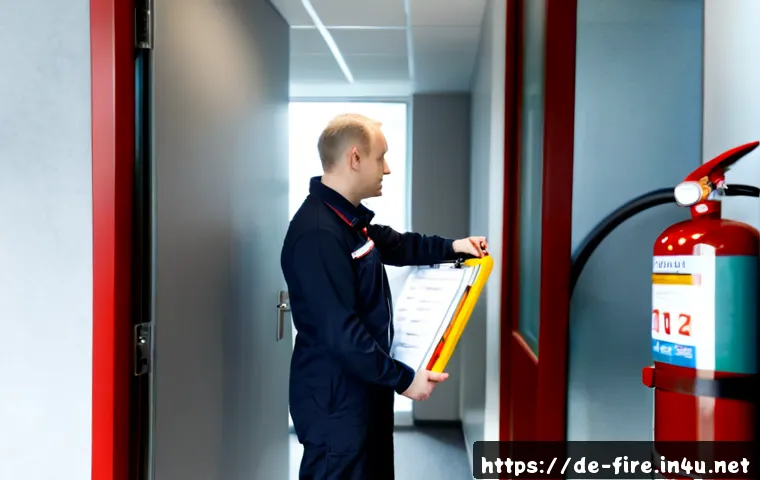 화재안전관리 실무자 필수 체크리스트 - Photorealistic fire safety manager in a modern German commercial office building, wearing neat work ...