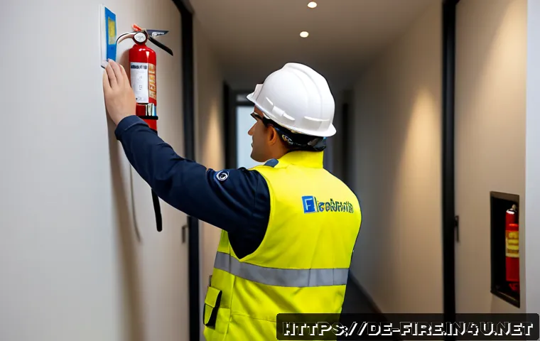화재안전관리기술자 관련 필수 법령 요약 - Photorealistic fire safety technician in a clean modern German commercial building, wearing a high-v...