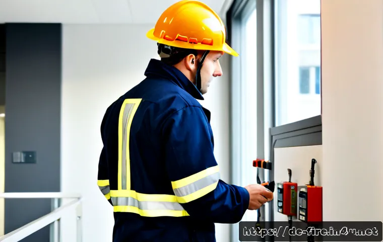 화재안전관리 기술자의 고용 안정성 분석 - Photorealistic fire safety management technician in a modern German commercial building, wearing cle...